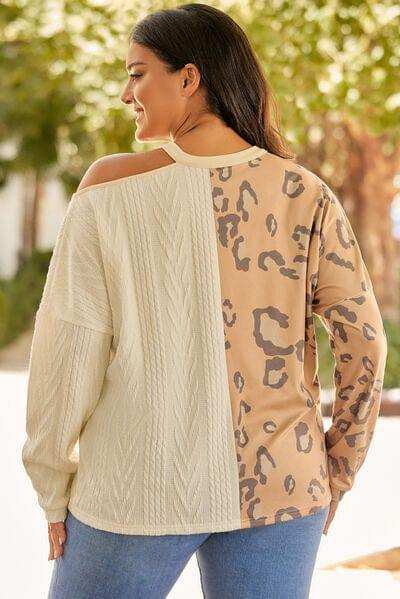 Plus Size Leopard Color Block Long Sleeve T-Shirt - Trendsi - Flyclothing LLC