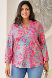 Plus Size Printed Notched Long Sleeve Blouse - Trendsi - Flyclothing LLC