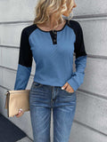 Contrast Buttoned Round Neck Raglan Sleeve Top - Trendsi - Flyclothing LLC