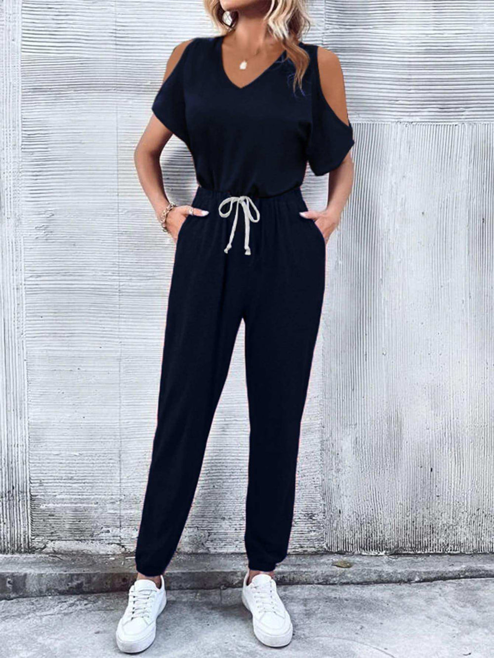 V-Neck Cold-Shoulder Jumpsuit with Pockets - Trendsi - Flyclothing LLC