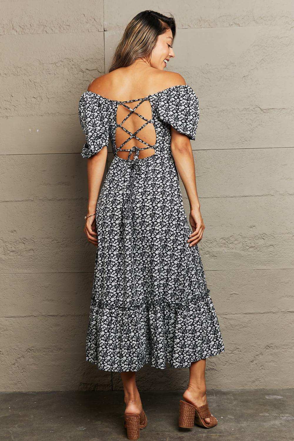 Floral Lace-Up Off-Shoulder Midi Dress - Trendsi - Flyclothing LLC