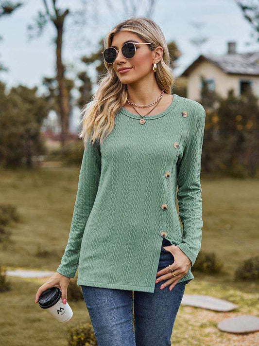 Decorative Button Slit Long Sleeve T-Shirt - Trendsi - Flyclothing LLC