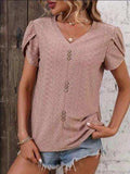 Eyelet V-Neck Petal Sleeve T-Shirt - Trendsi - Flyclothing LLC