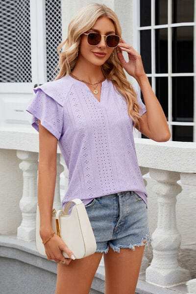 Eyelet Notched Short Sleeve T-Shirt - Trendsi - Flyclothing LLC