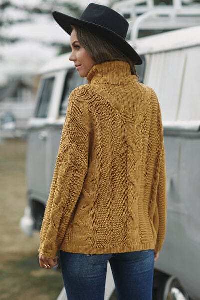 Cable-Knit Turtleneck Dropped Shoulder Sweater - Trendsi - Flyclothing LLC