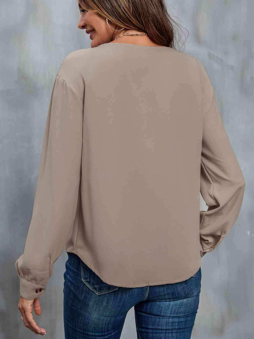 Asymmetrical Neck Buttoned Long Sleeve Top - Trendsi - Flyclothing LLC