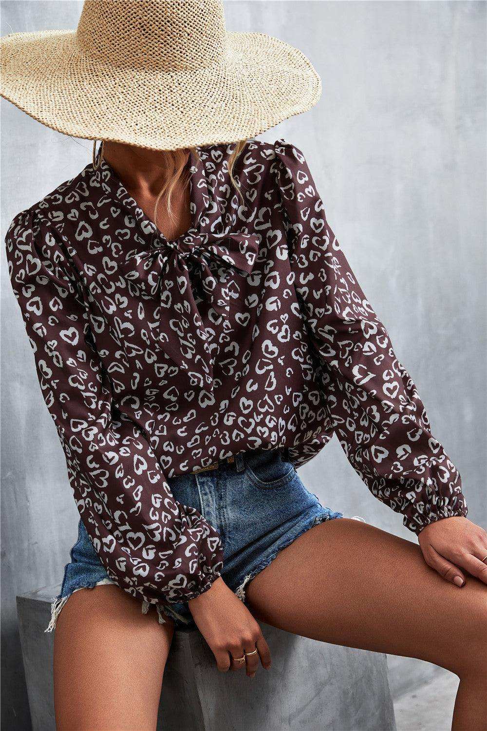 Printed Tie Neck Puff Sleeve Blouse - Trendsi - Flyclothing LLC