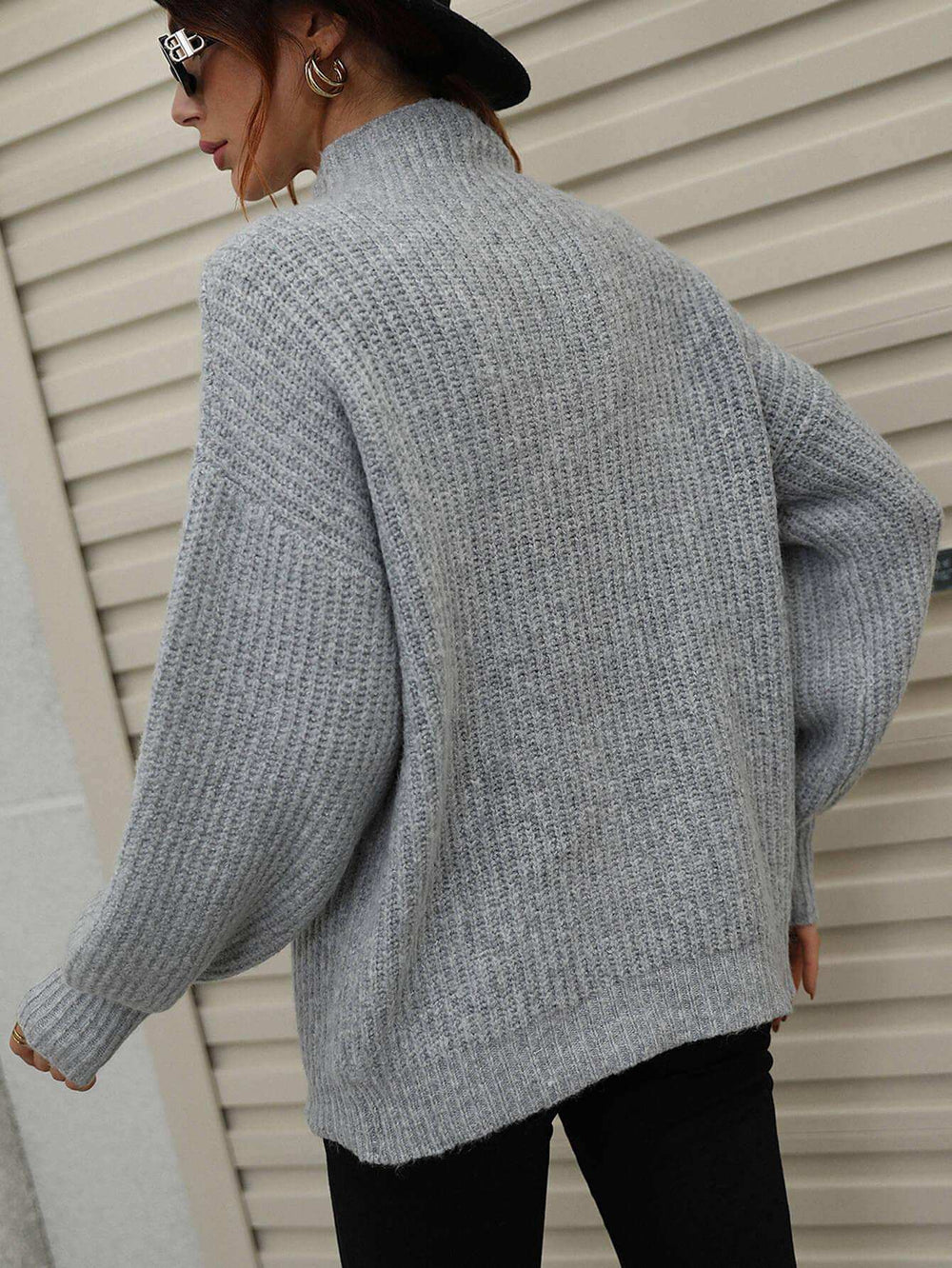 High Neck Balloon Sleeve Rib-Knit Pullover Sweater - Trendsi - Flyclothing LLC