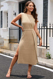 Round Neck Tie Belt Slit Sleeveless Sweater Dress - Trendsi - Flyclothing LLC
