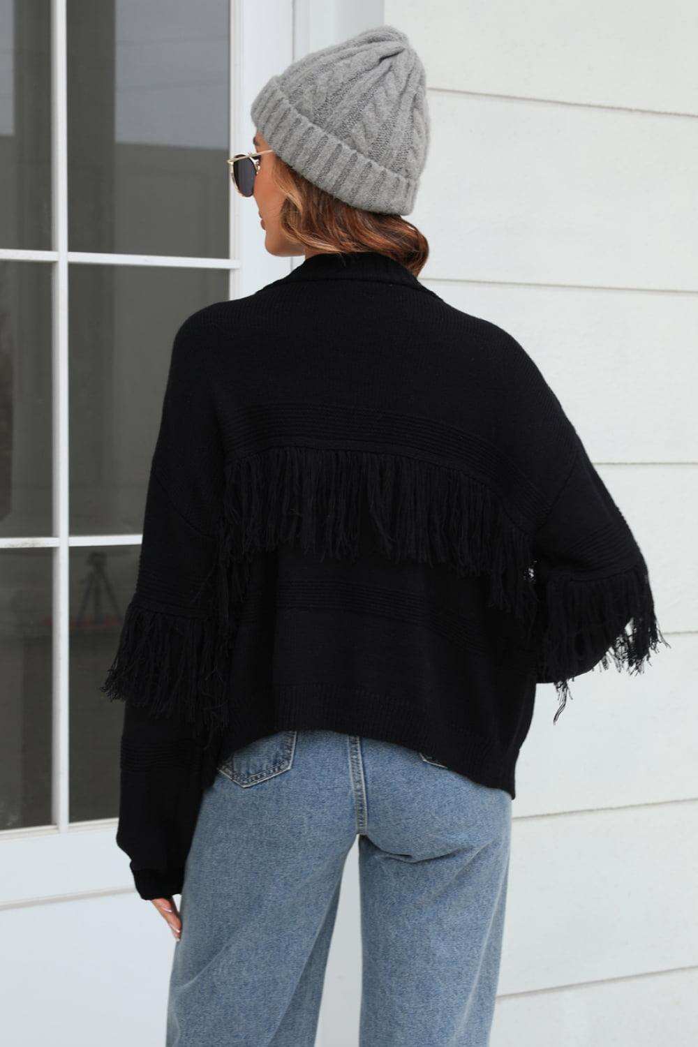 Fringe Trim Open Front Cardigan - Trendsi - Flyclothing LLC