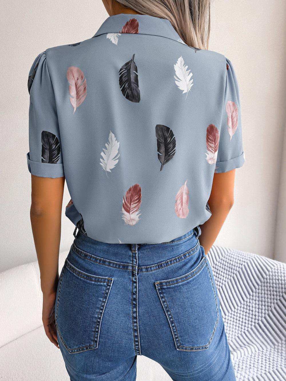 Feather Print Lapel Collar Puff Sleeve Shirt - Trendsi - Flyclothing LLC