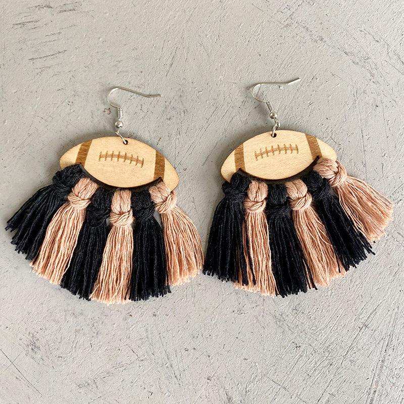 Fringe Detail Football Shape Wooden Dangle Earrings - Trendsi - Flyclothing LLC