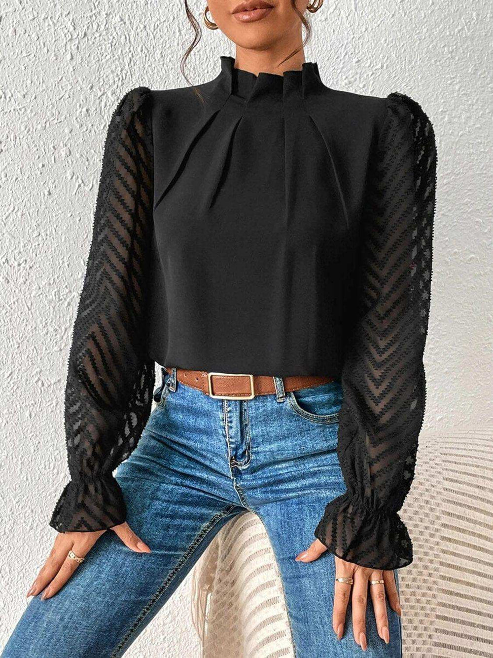 Mock Neck Flounce Sleeve Blouse - Trendsi - Flyclothing LLC
