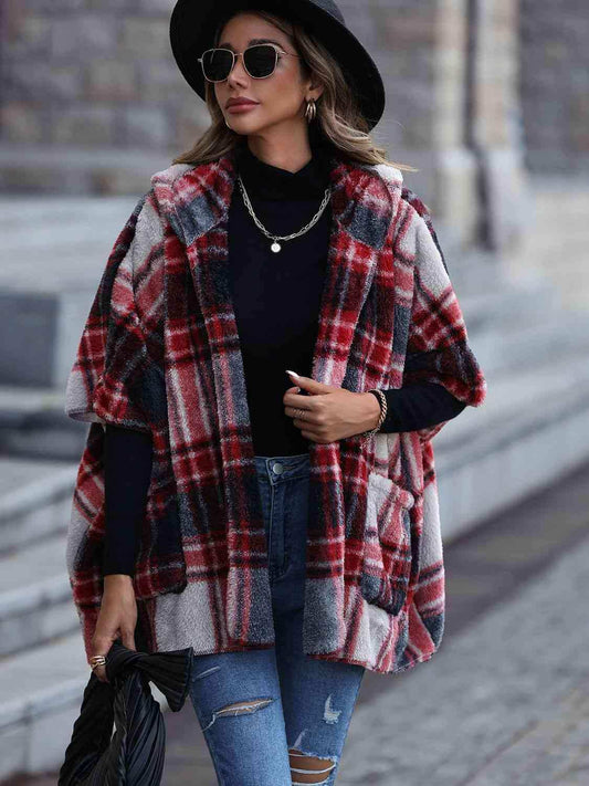Plaid Hooded Coat with Pockets - Trendsi - Flyclothing LLC