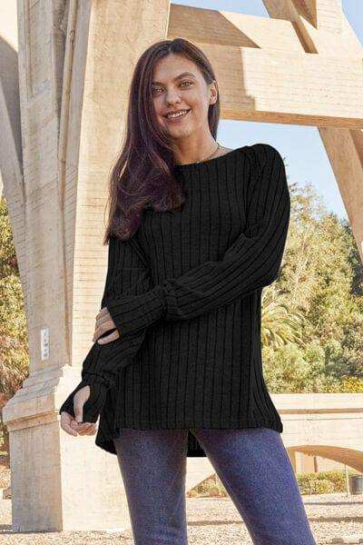Basic Bae Full Size Ribbed Round Neck Long Sleeve Knit Top - Trendsi - Flyclothing LLC