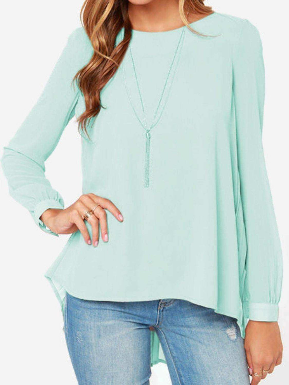 Full Size Round Neck Back Pleated Blouse - Trendsi - Flyclothing LLC
