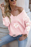 Flower Distressed Ribbed Trim Sweater - Trendsi - Flyclothing LLC