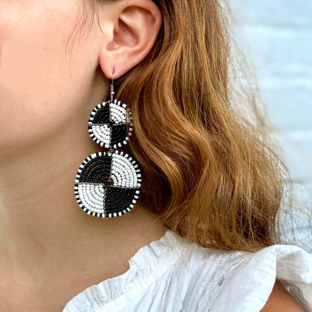 Maasai Bead Double Circle Dangle Earrings, White and Black - Jedando - Flyclothing LLC