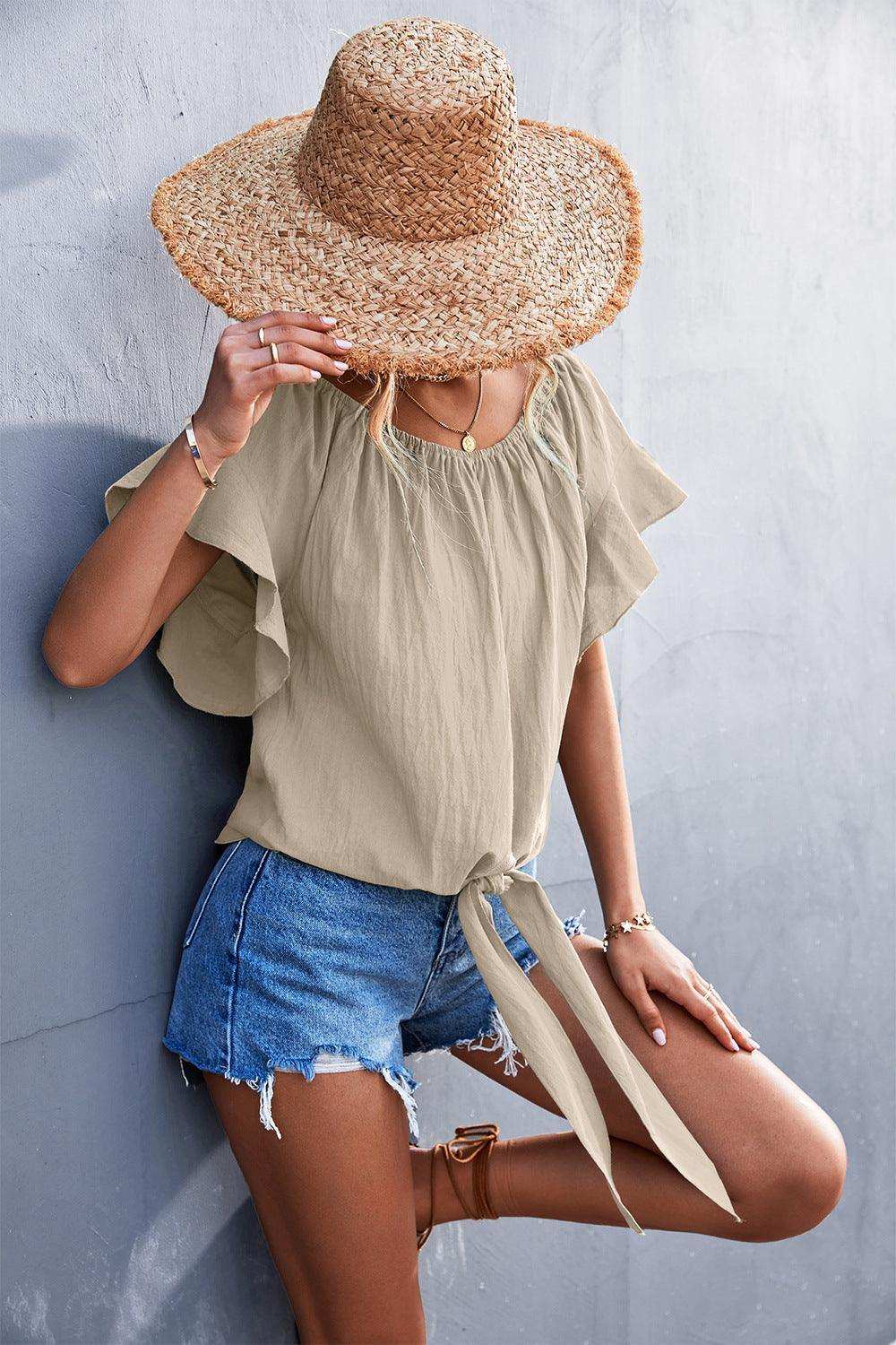 Flutter Sleeve Tie-Front Blouse - Trendsi - Flyclothing LLC