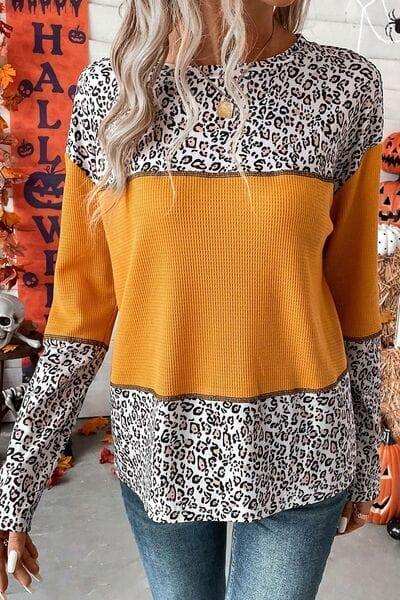 Leopard Waffle-knit Long Sleeve T-Shirt - Trendsi - Flyclothing LLC