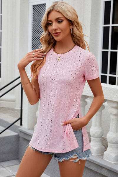 Eyelet Slit Round Neck Short Sleeve T-Shirt - Trendsi - Flyclothing LLC