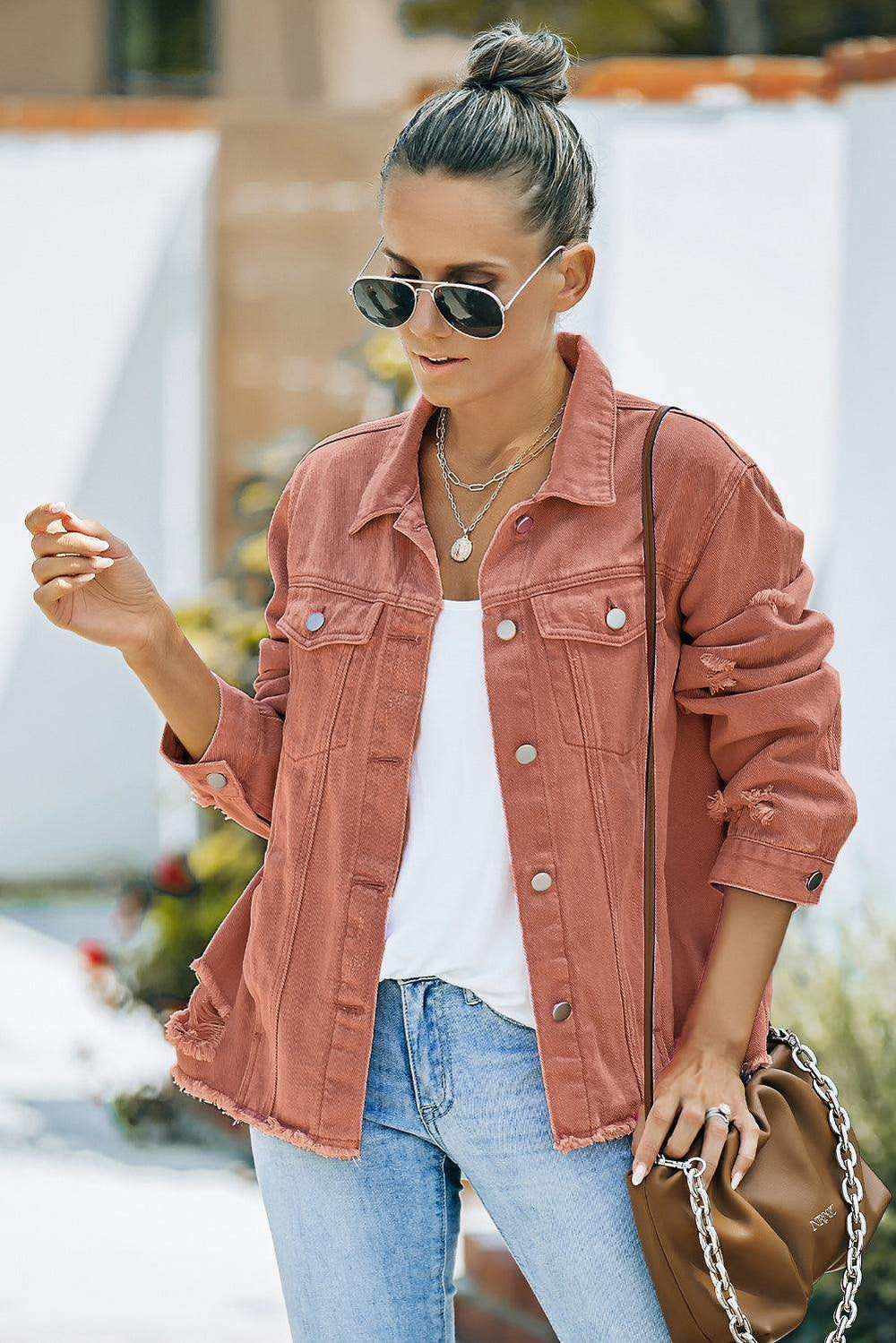 Distressed Raw Hem Denim Jacket - Trendsi - Flyclothing LLC