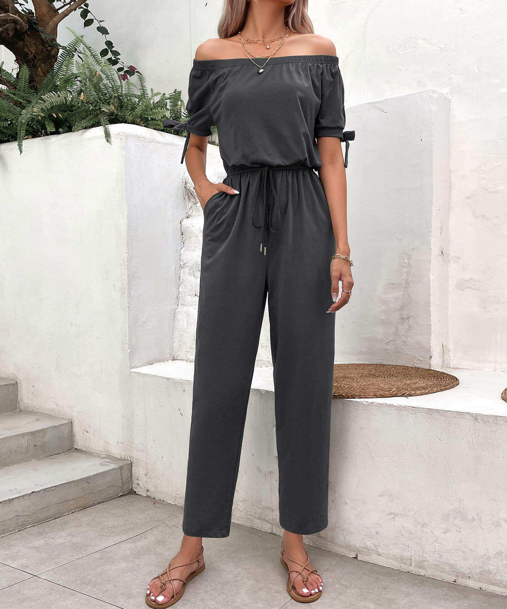 Off-Shoulder Tie Cuff Jumpsuit with Pockets - Trendsi - Flyclothing LLC