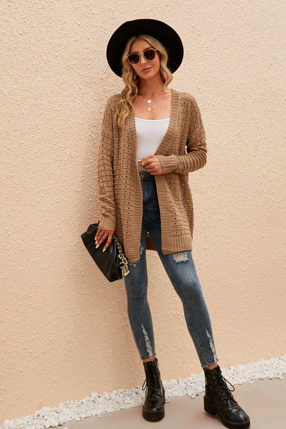 Openwork Horizontal Ribbing Open Front Cardigan - Trendsi - Flyclothing LLC