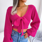 Tie-Front Rib-Knit Cropped Sweater - Trendsi - Flyclothing LLC