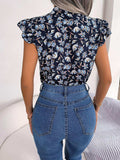 Floral Tie Neck Flutter Sleeve Blouse - Trendsi - Flyclothing LLC
