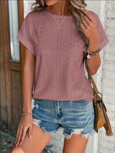 Eyelet Round Neck Short Sleeve T-Shirt - Trendsi - Flyclothing LLC