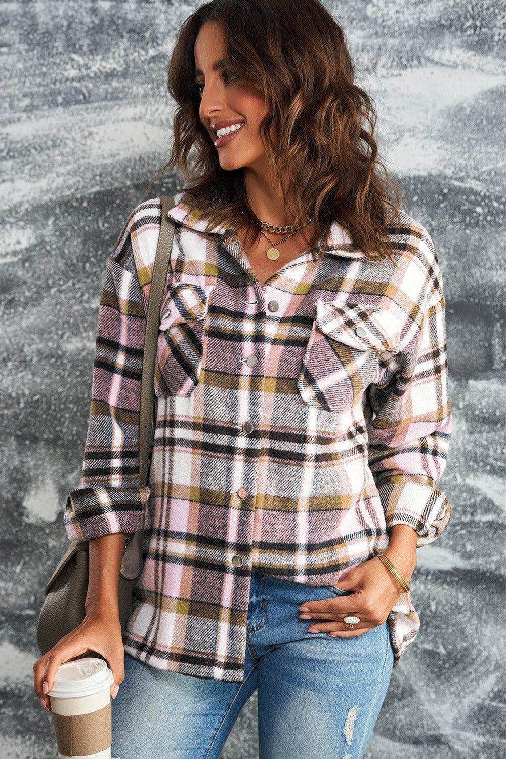 Plaid Button Front Shirt Jacket with Breast Pockets - Trendsi - Flyclothing LLC