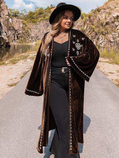 Plus Size Embroidery Open Front Long Sleeve Cardigan - Trendsi - Flyclothing LLC