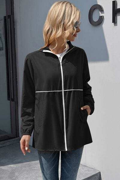 Zip Up Long Sleeve Hooded Watertight Jacket - Trendsi - Flyclothing LLC