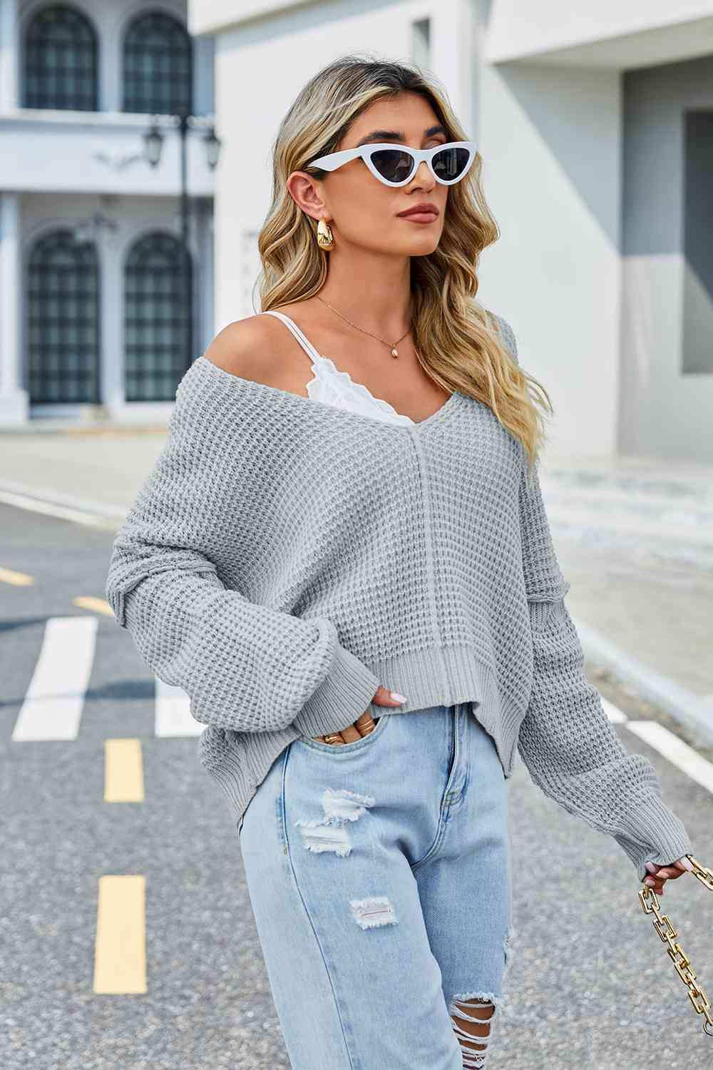V-Neck Long Sleeve Sweater - Trendsi - Flyclothing LLC