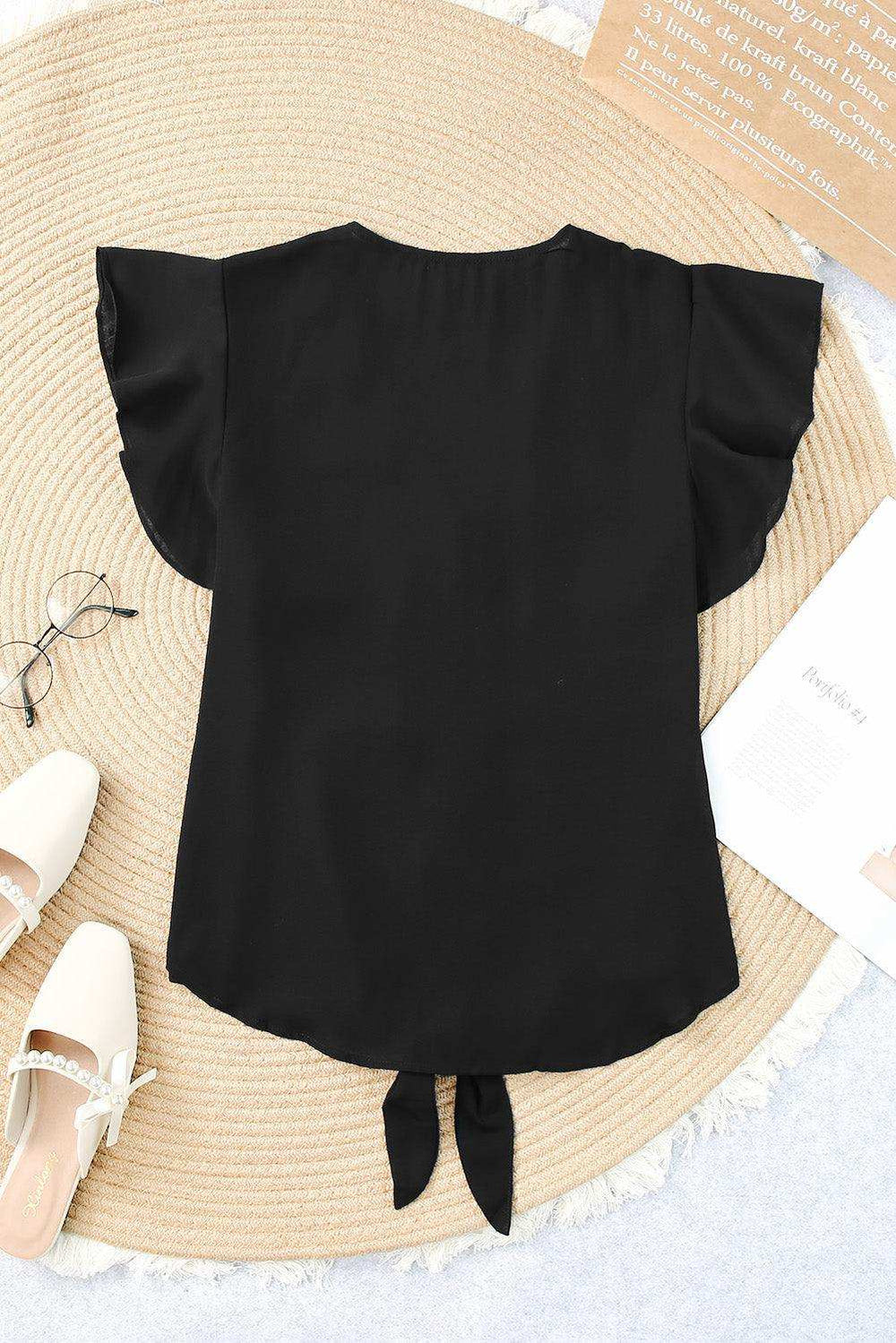 V-Neck Tie Hem Flutter Sleeve Blouse - Trendsi - Flyclothing LLC
