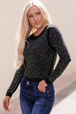 Rhinestone Round Neck Long Sleeve Bodysuit - Trendsi - Flyclothing LLC