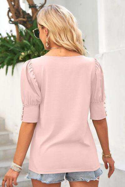 Round Neck Lantern Sleeve Blouse - Trendsi - Flyclothing LLC
