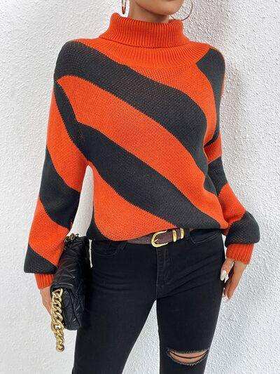 Striped Turtleneck Dropped Shoulder Sweater - Trendsi - Flyclothing LLC