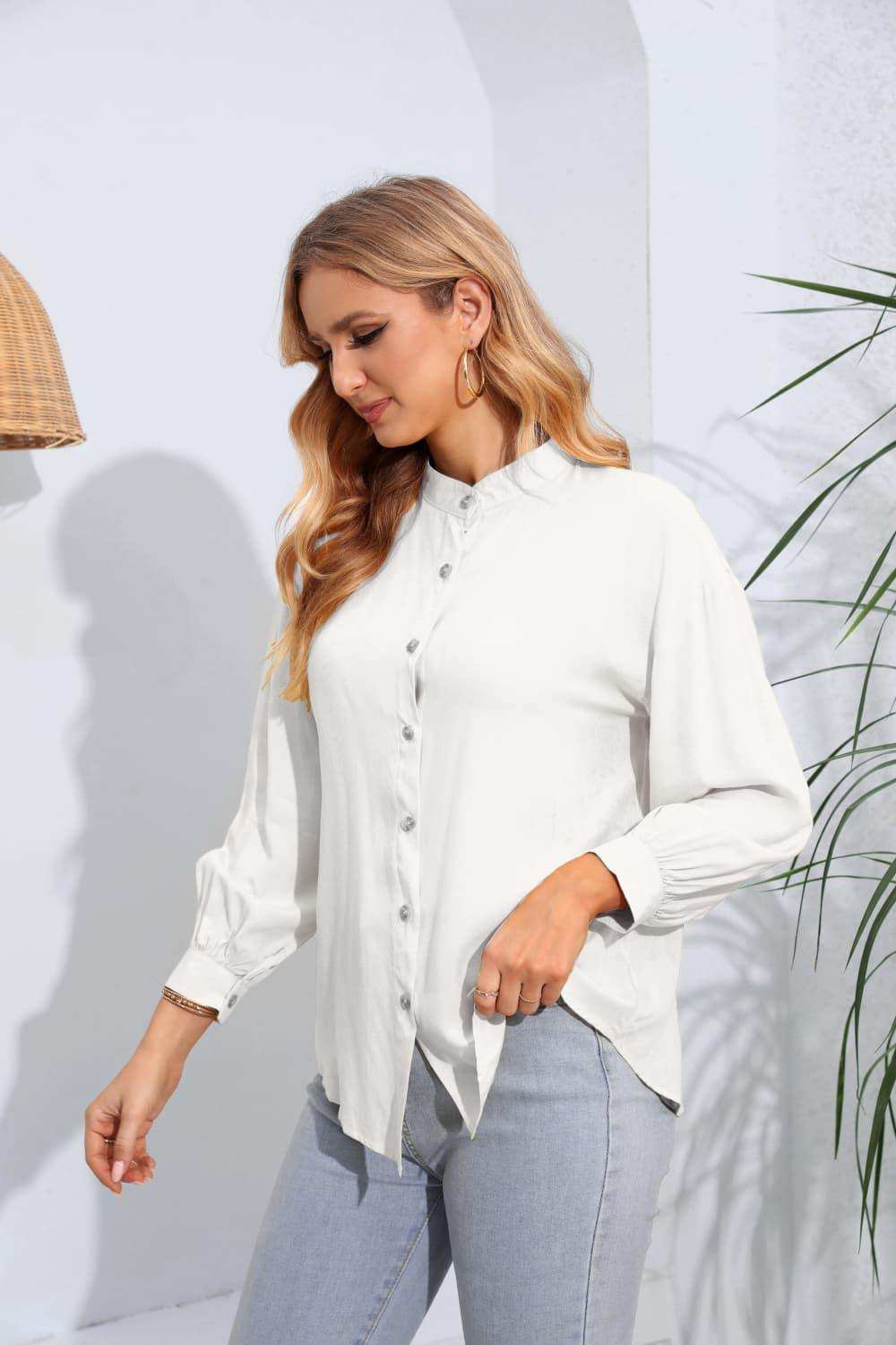 Mock Neck Buttoned Long Sleeve Shirt - Trendsi - Flyclothing LLC