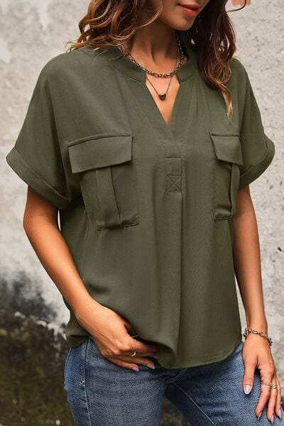 Pocketed Notched Short Sleeve Blouse - Trendsi - Flyclothing LLC
