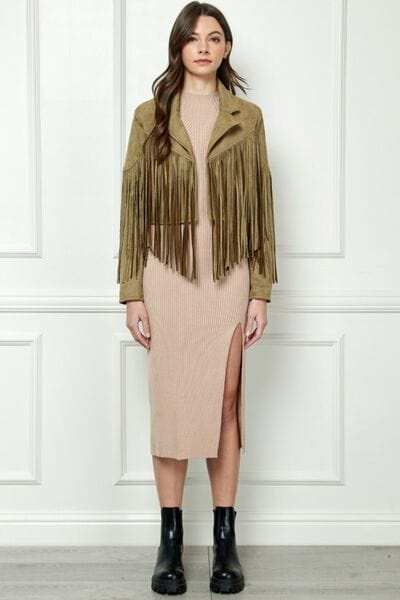 Veveret Suede Fringe Long Sleeve Moto Jacket - Trendsi - Flyclothing LLC