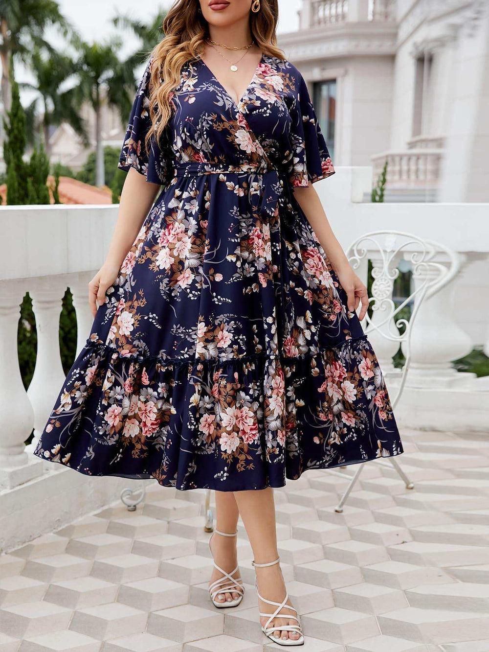 Plus Size Floral Surplice Neck Midi Dress - Trendsi - Flyclothing LLC