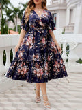 Plus Size Floral Surplice Neck Midi Dress - Trendsi - Flyclothing LLC