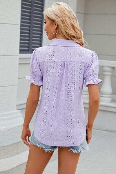 Eyelet Johnny Collar Short Sleeve Blouse - Trendsi - Flyclothing LLC