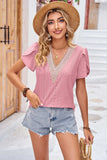 Eyelet V-Neck Petal Sleeve T-Shirt - Trendsi - Flyclothing LLC