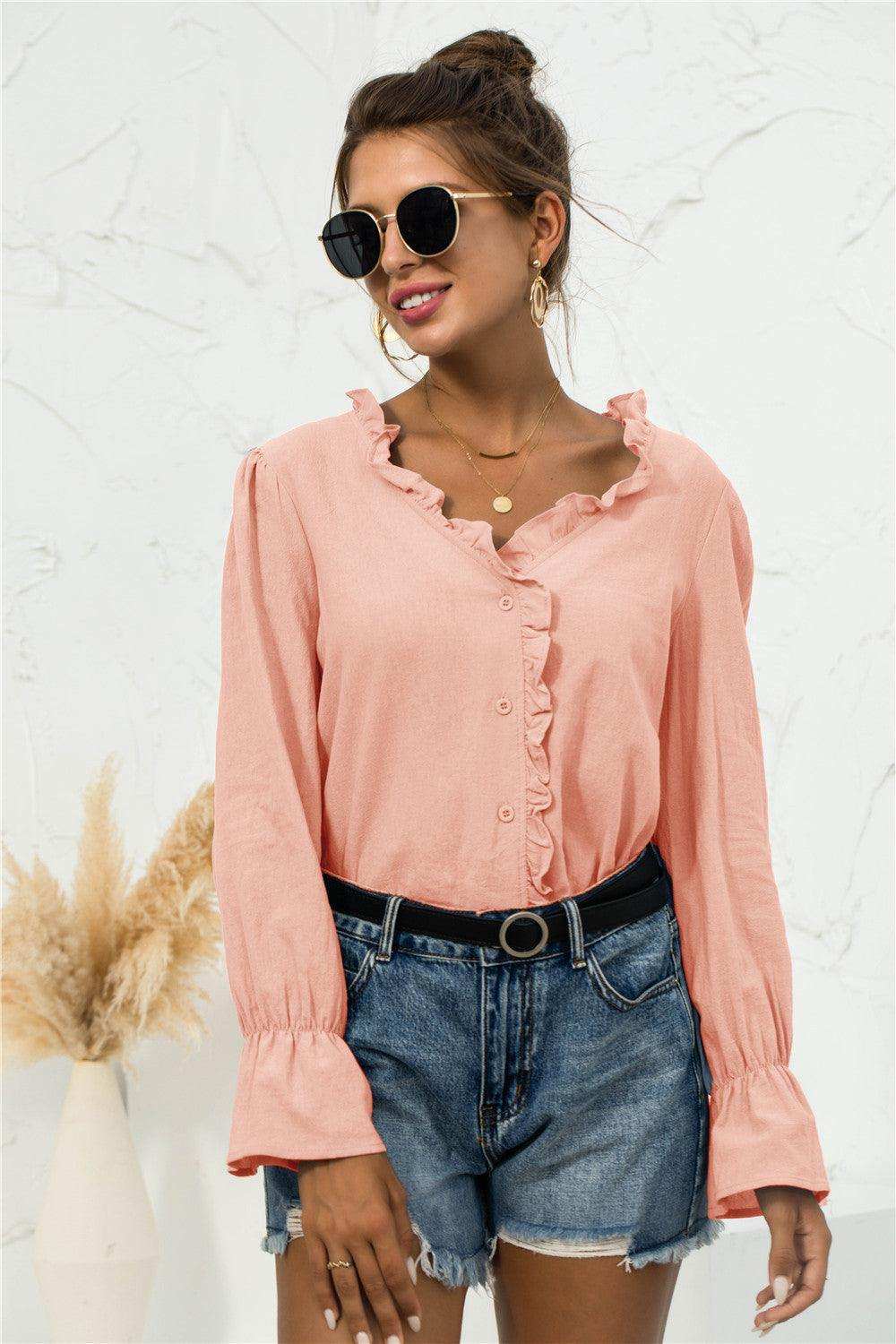 Frill Trim V-Neck Flounce Sleeve Shirt - Trendsi - Flyclothing LLC
