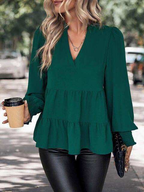 Notched Neck Lantern Sleeve Blouse - Trendsi - Flyclothing LLC