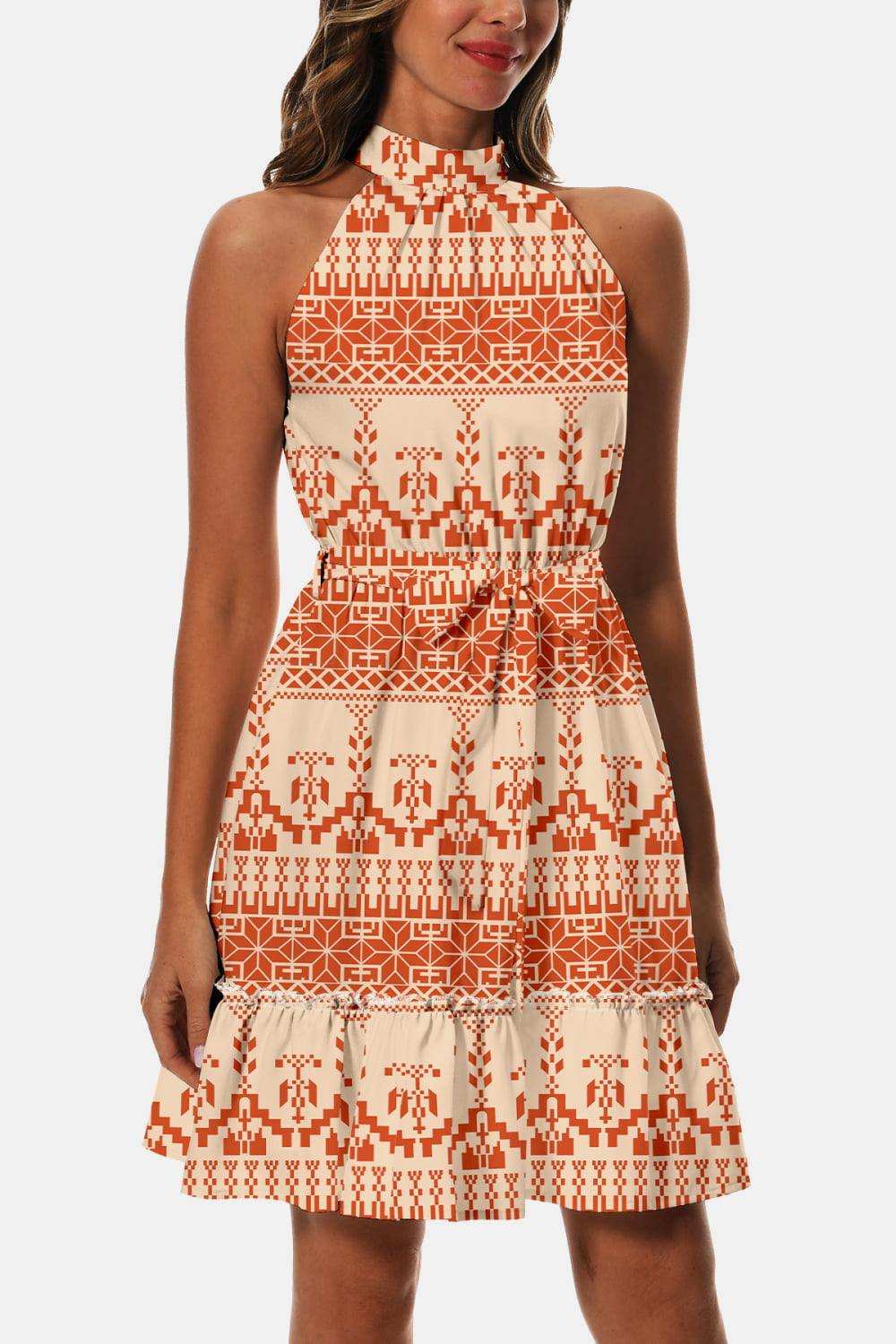 Printed Tie Waist Frill Trim Dress - Trendsi - Flyclothing LLC