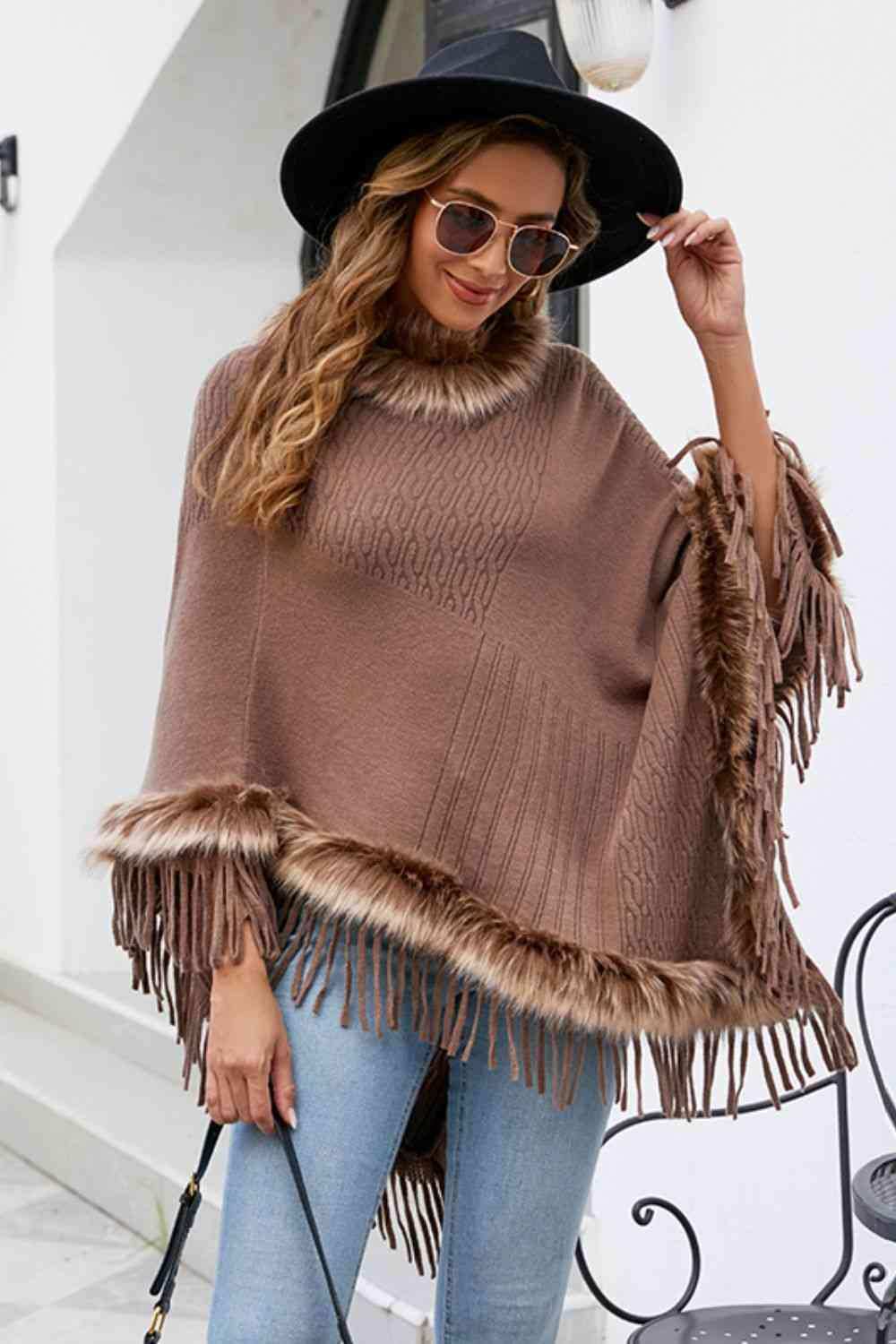 Faux Fur Trim Fringed Poncho - Trendsi - Flyclothing LLC